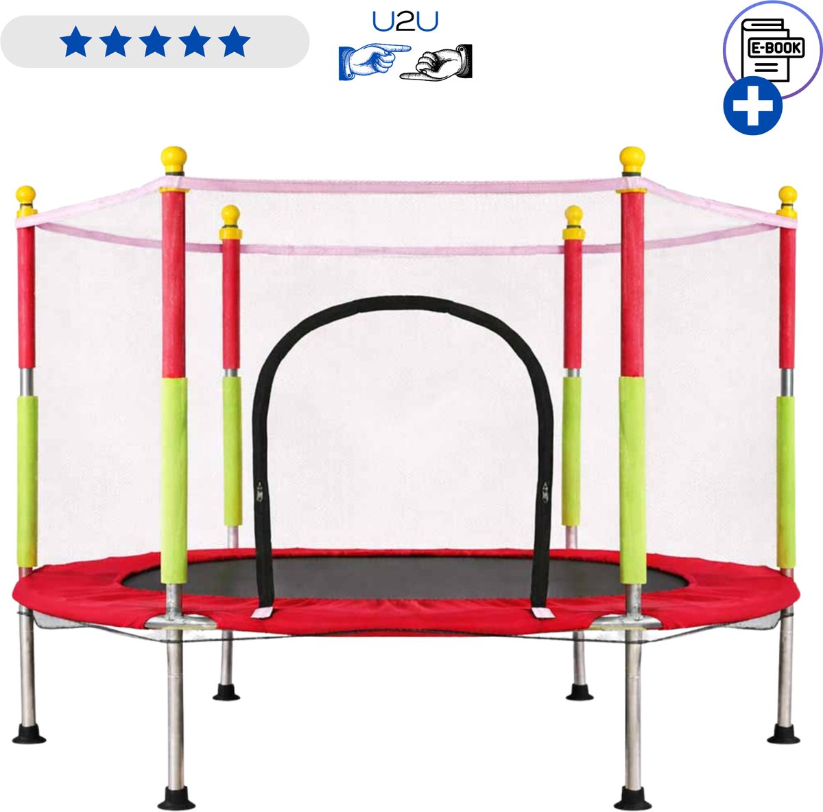 Trampoline voor kinderen 140 cm met veiligheidsnet en ritssluiting - Stevige tuintrampoline met metalen frame, antislip poten en beschermrand - Compacte kinder trampoline voor binnen en buiten gebruik tot 150 kg Met Ebook van IKONKA