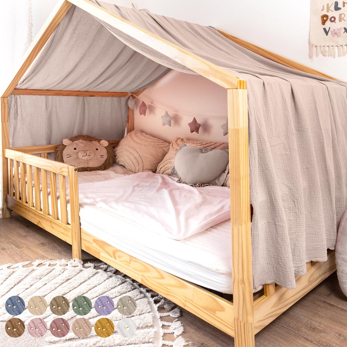 LILIMAUS Huisbed hemeltje uit één stuk met gouden details - bedhemel voor huisbed - 135 x 420 cm - mousseline katoen - lichtbeige