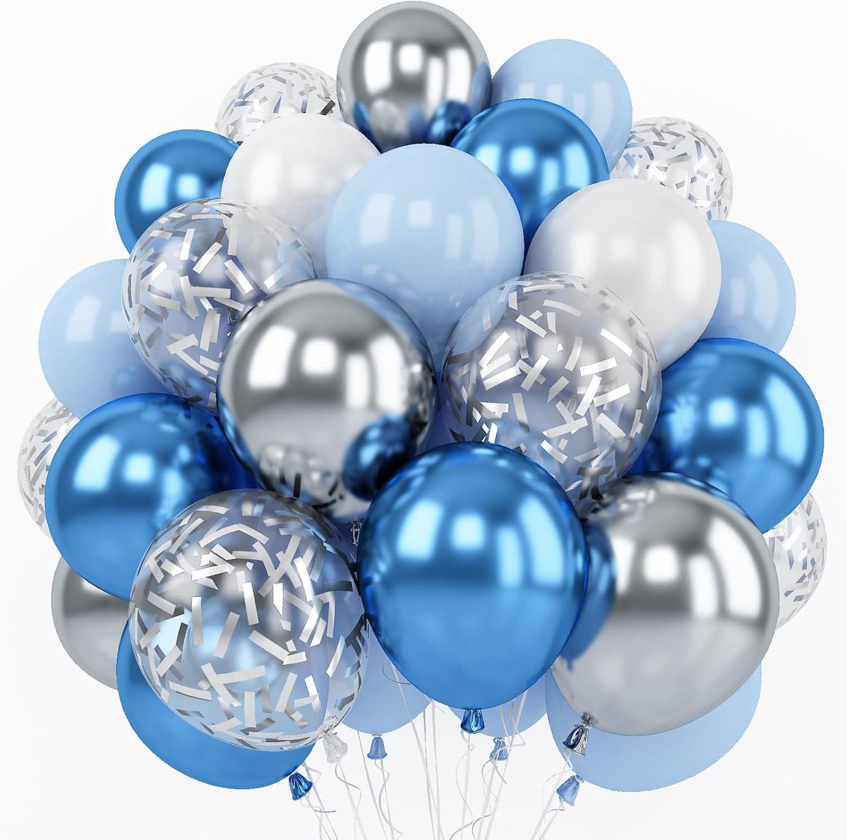 OLOEY Metallic blauwzilveren ballonnen, 60 stuks 30 cm chroomblauw-witte ballonnen met zilveren glitterconfetti, perfect voor een babyshower, verjaardag, doop of bruiloft.