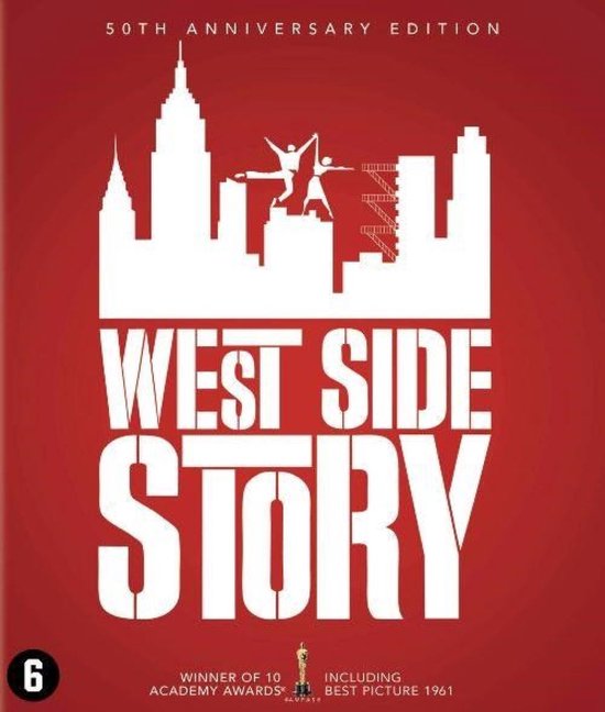 Hoes van West Side Story, 50th Anniversary Edition, met witte silhouetten van een skyline en dansers op een rode achtergrond.