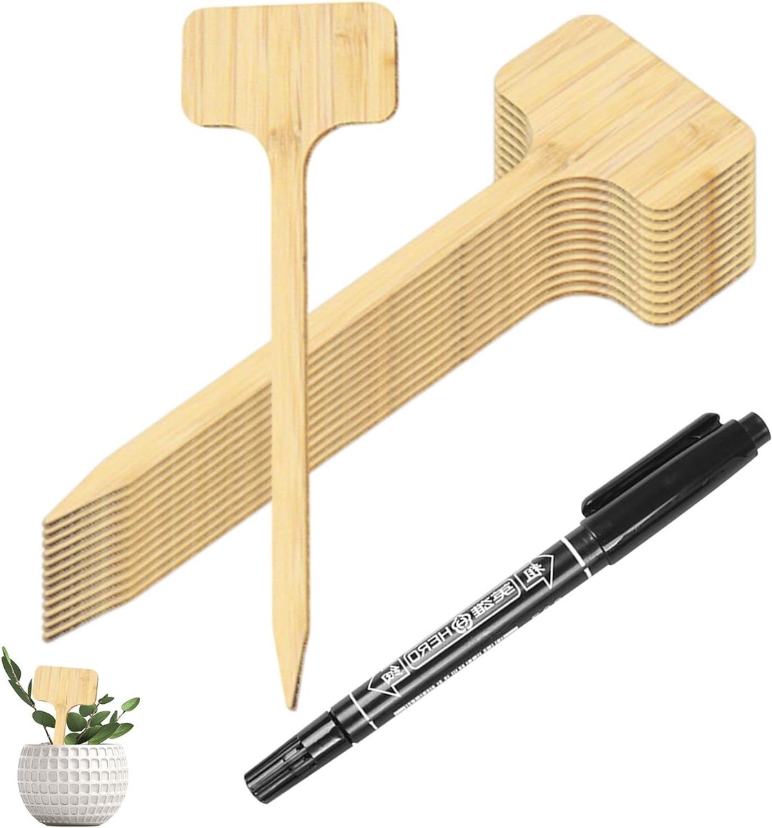Set van 30 Duurzame Bamboe Plantenlabels - T-vormige Weerbestendige en Waterdichte Tuinlabels met Zwarte Marker voor Kruiden en Buitenplanten, 18 cm hoog x 6 cm breed