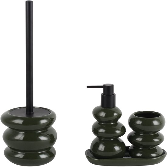 Keramische Badset - Badkamer accessoires set - Zeepdispenser - Toiletborstel - Tandenborstelhouder & Tray - Glanzend Groen - 4 Stuks