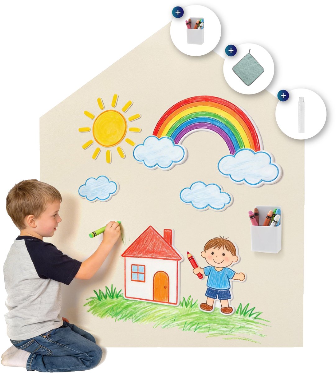 Vitasa Magnetische Muursticker - Magneetbord - Krijtbord - Kinderen - Huisvorm - 100 x 80 cm - Ivoorwit - Incl Accessoires