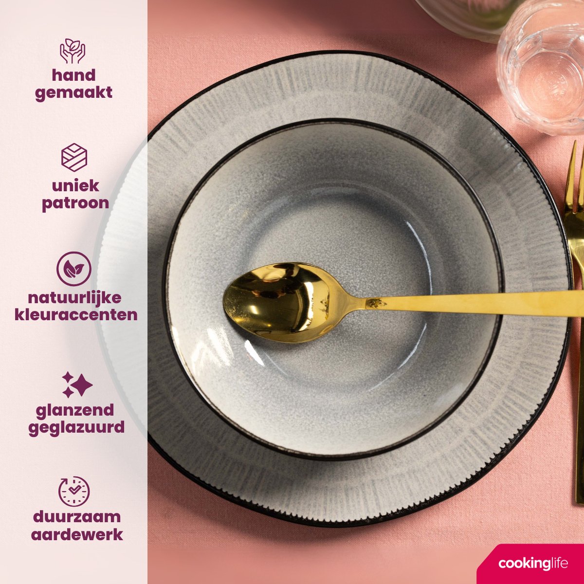 Cookinglife Serviesset Nola Warm Grey 18-delig - Servies Set 6 Personen - Modern Design Aardewerk - Vaatwasser- & Magnetronbestendig — afbeelding 3