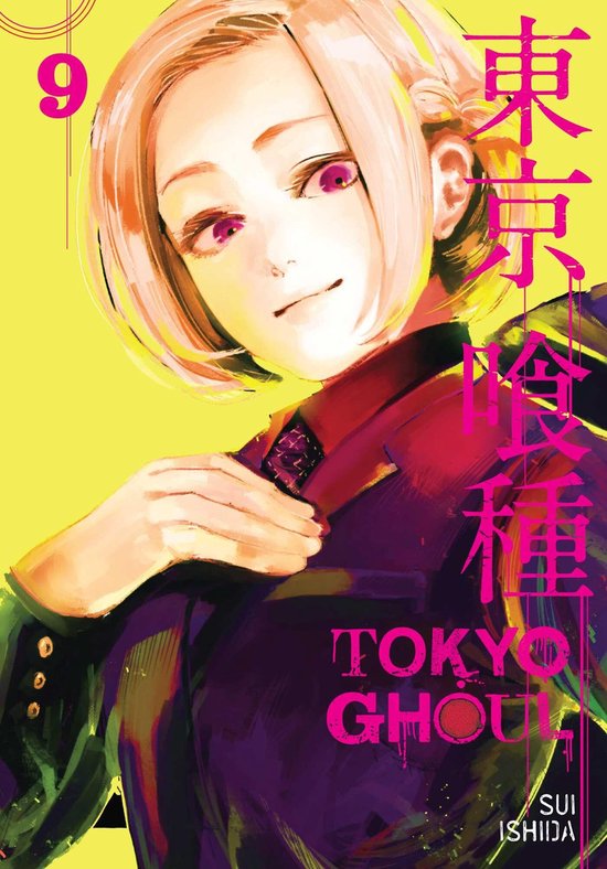 Un personnage d'anime aux cheveux blonds et aux yeux violets, portant un manteau sombre. Texte: "9 TOKYO GHOUL SUI ISHIIDA"