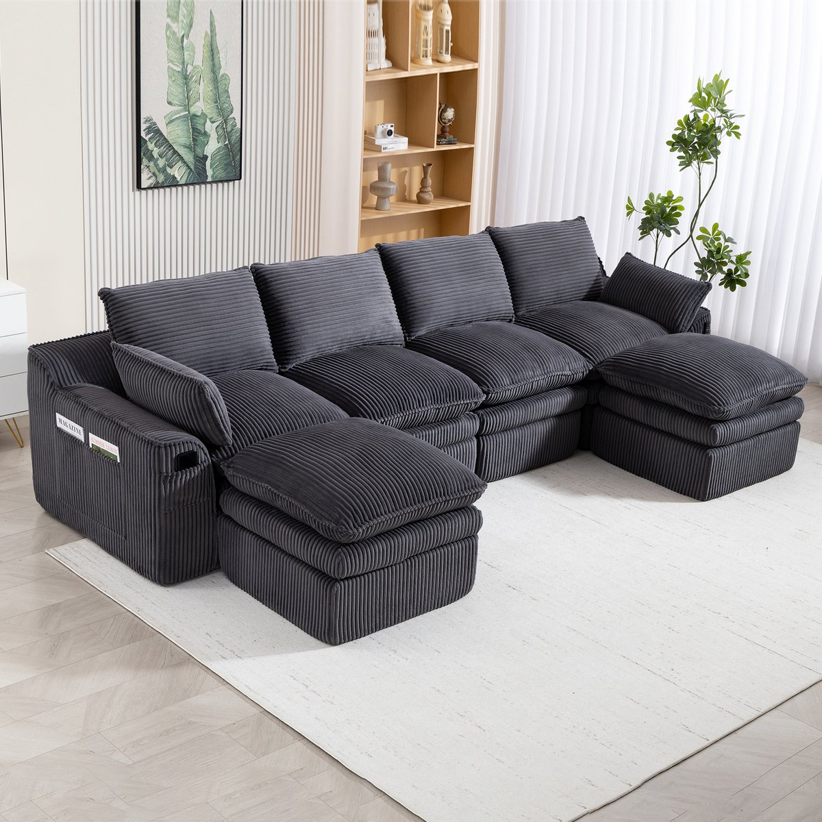 MIVRAY 4-Zits Modulaire Hoekbank 335 x 167 cm - Met Hockers En Zijvakken - Voor Woonkamer Of Kantoor - Corduroy Donkergrijs