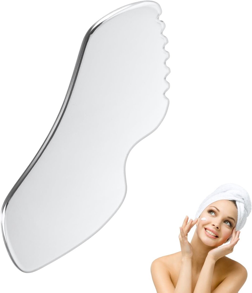 Gua Sha Gezichts-tool van Roestvrij Staal, Perfect voor Acupressuur en Versteviging van de Huid, Inclusief Luxe Fluwelen Pouch voor Gezicht en Lichaam