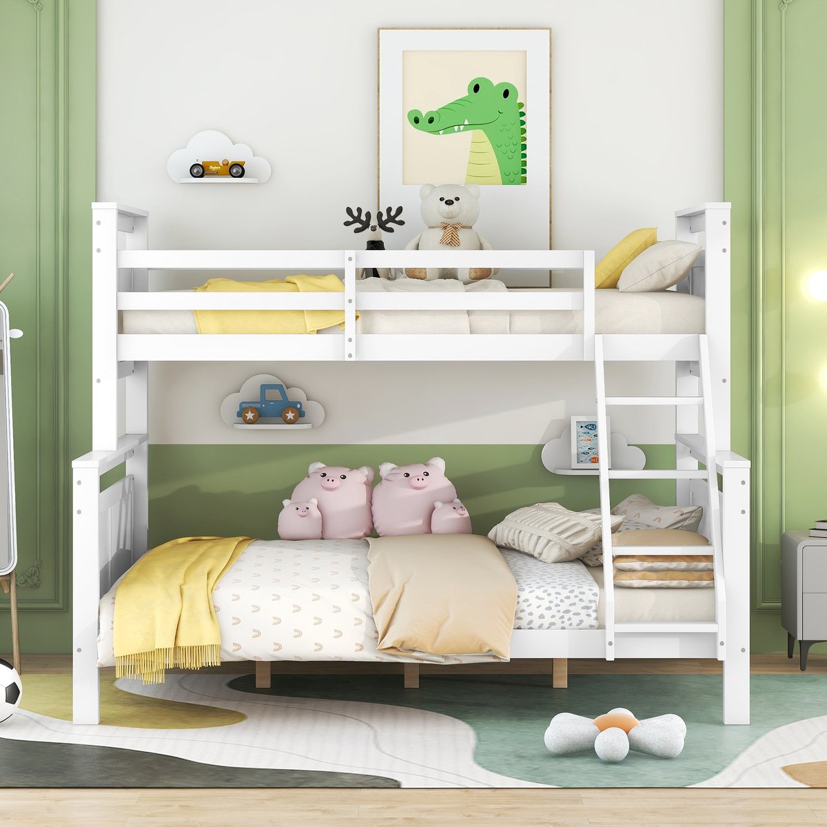 VVBV Stapelbed 90x200 / Kinderstapelbed – met Veiligheidshek, Ladder – Wit – Kinderstapelbed met Veiligheidshek – Voor Kinderen en Tieners