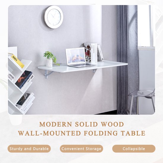 Opklapbaar Wandtafeltje - 80x40 Cm Wit - Ruimtebesparende Vouwtafel Van Massief Hout - Voor Waskamer, Keuken, Garage Of Thuiskantoor — afbeelding 4