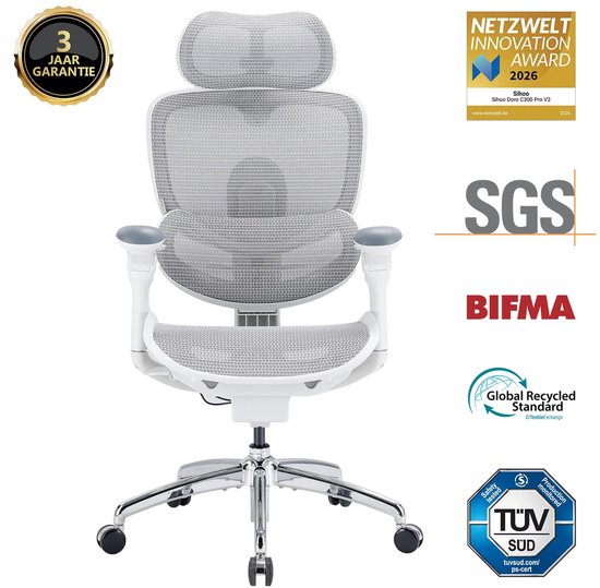 SIHOO Doro C300 Pro V2 Ergonomische bureaustoel zonder voetensteun, adaptieve ondersteuning voor het hele lichaam, 8D-armleuningen en ademend mesh, comfortabele bureaustoel met hoge rugleuning voor langdurig gebruik, 135° verstelbare rugleuning (wit)