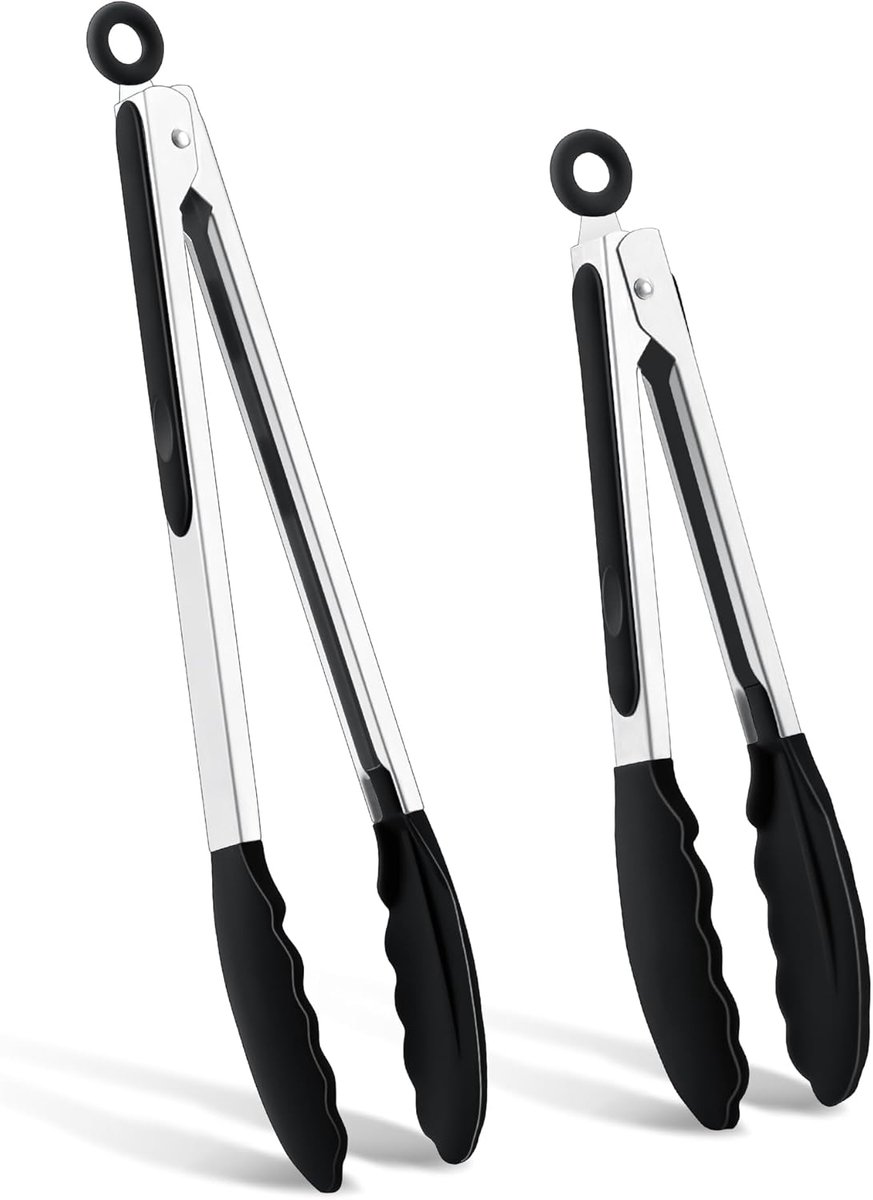 Grilltang, 2 stuks, roestvrij staal, 34 cm en 26 cm, pastamtang met antislip siliconen punten en handgreep, hittebestendige vleestang voor barbecue, koken, bakken - zwart