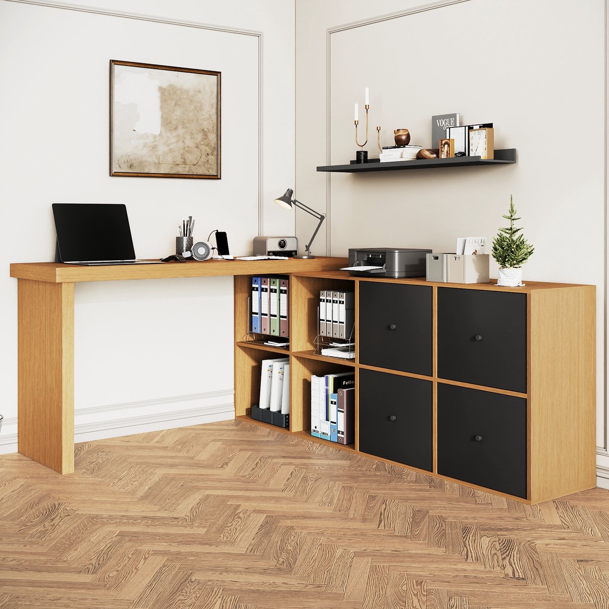 Sweiko Hoekbureau - 360° draaibaar tafelblad - L-bureau - MDF - Opbergplanken - 4 lades - Naturel + Zwart