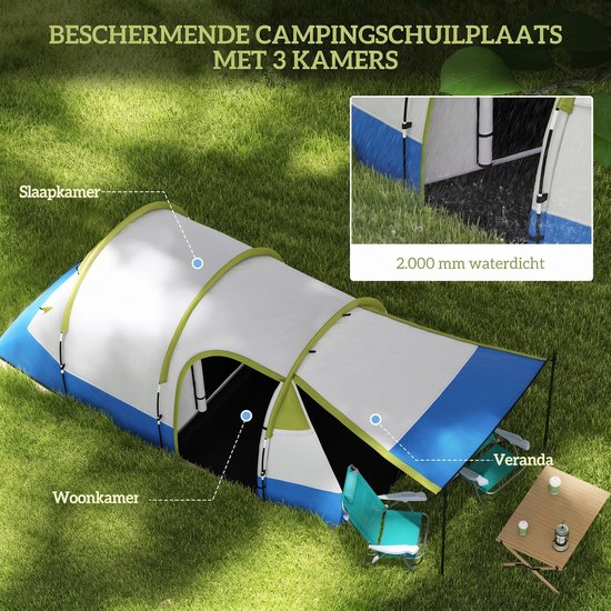 Familietent -tunneltenten - met twee compartimenten - inclusief luifel en accessoires - lichtgewicht en opvouwbaar - inclusief opbergtas, waterdicht tot 2000 mm - Geschikt voor buitenactiviteiten en wandelen - 420x200x150 cm van Merkloos — afbeelding 3
