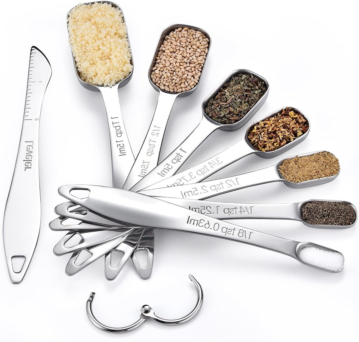Set van 8 RVS Maatlepels met Niveauer voor Droge en Vloeibare Ingrediënten, Perfect voor Specerij Jars en Keukenaccessoires