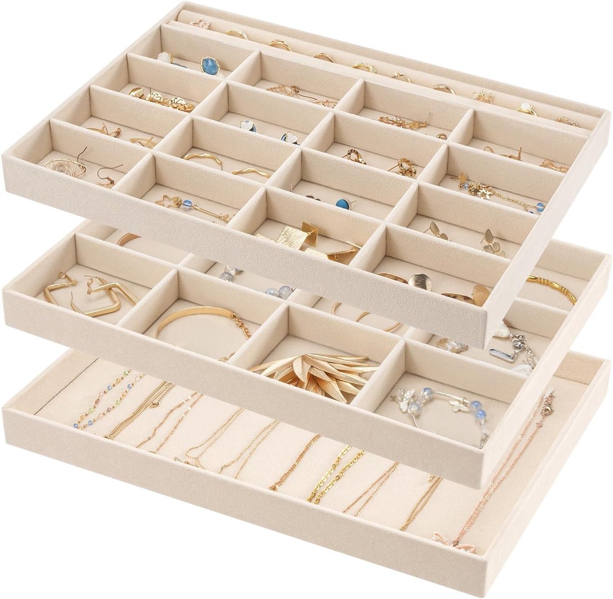 Stapelenbare Sieraden Organizer van Fluweel voor Dresser en Kledingkast - Set van 3 voor Oorbellen, Armbanden en Ringen in Beige