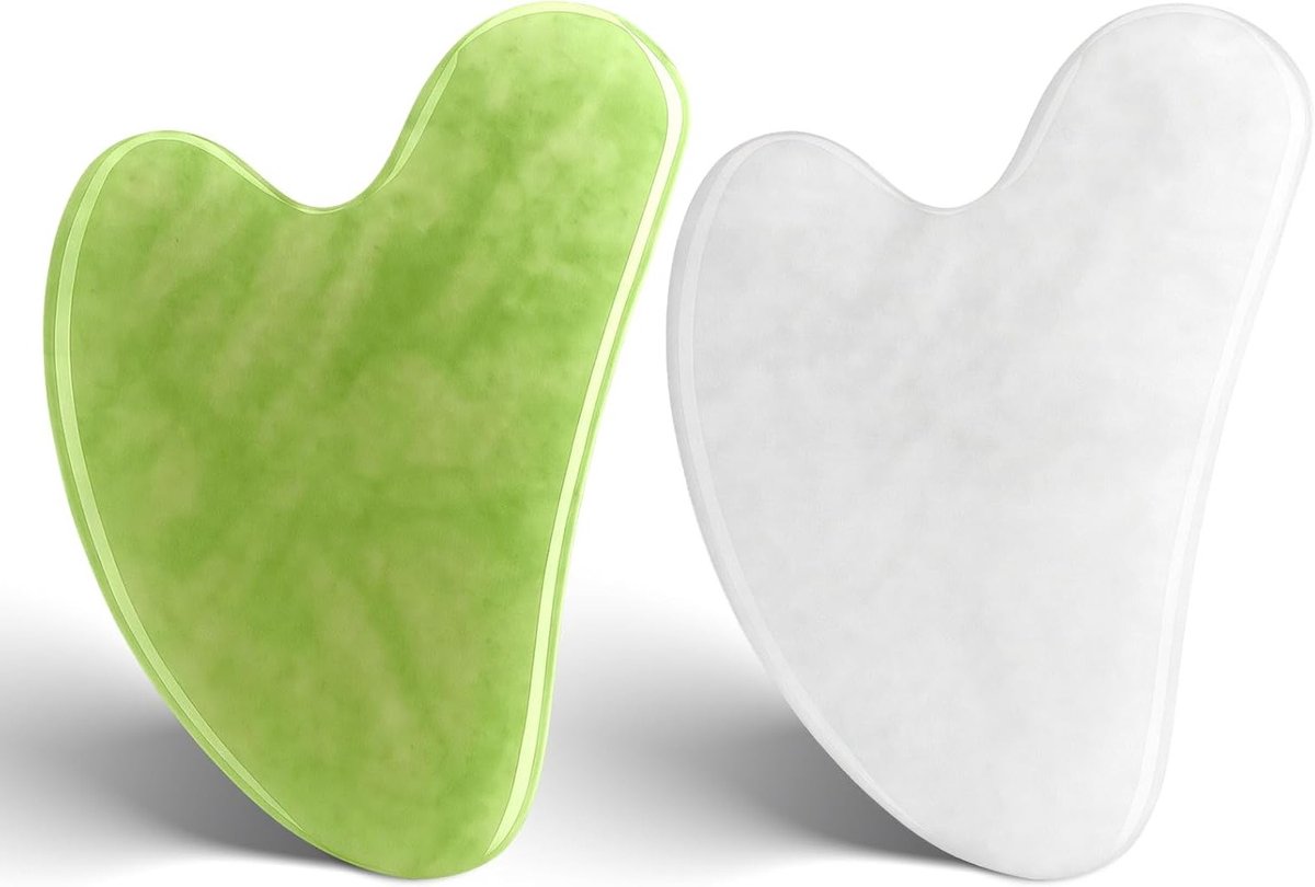 Set van 2 Gua Sha Gezichtsstenen van Natuurlijke Jade voor Lifting en Massage van Gezicht, Hals en Lichaam - 1 Witte en 1 Groene Steen