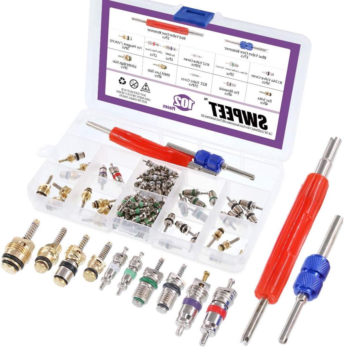 Ventielkern Reparatiekit - Airco Onderdelen Set - Auto Airco Onderhoud - 102 Delige Assortiment - Universeel - Multi