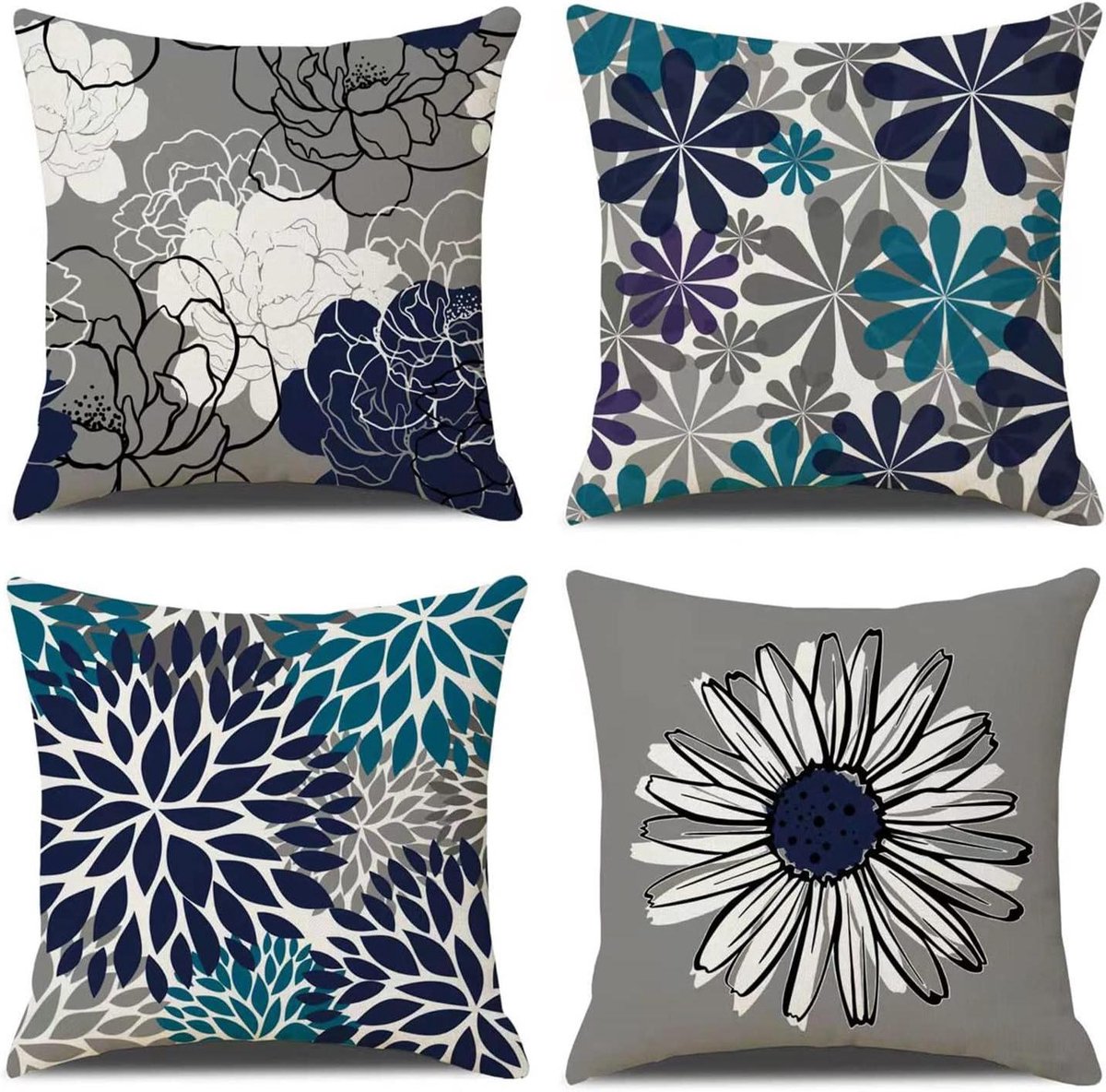 Kussenslopen Set - Kussenhoezen Vierkant - Bank Decoratie - Katoen Linnen Mix - 60 x 60 cm 4 Stuks - Donkerblauw
