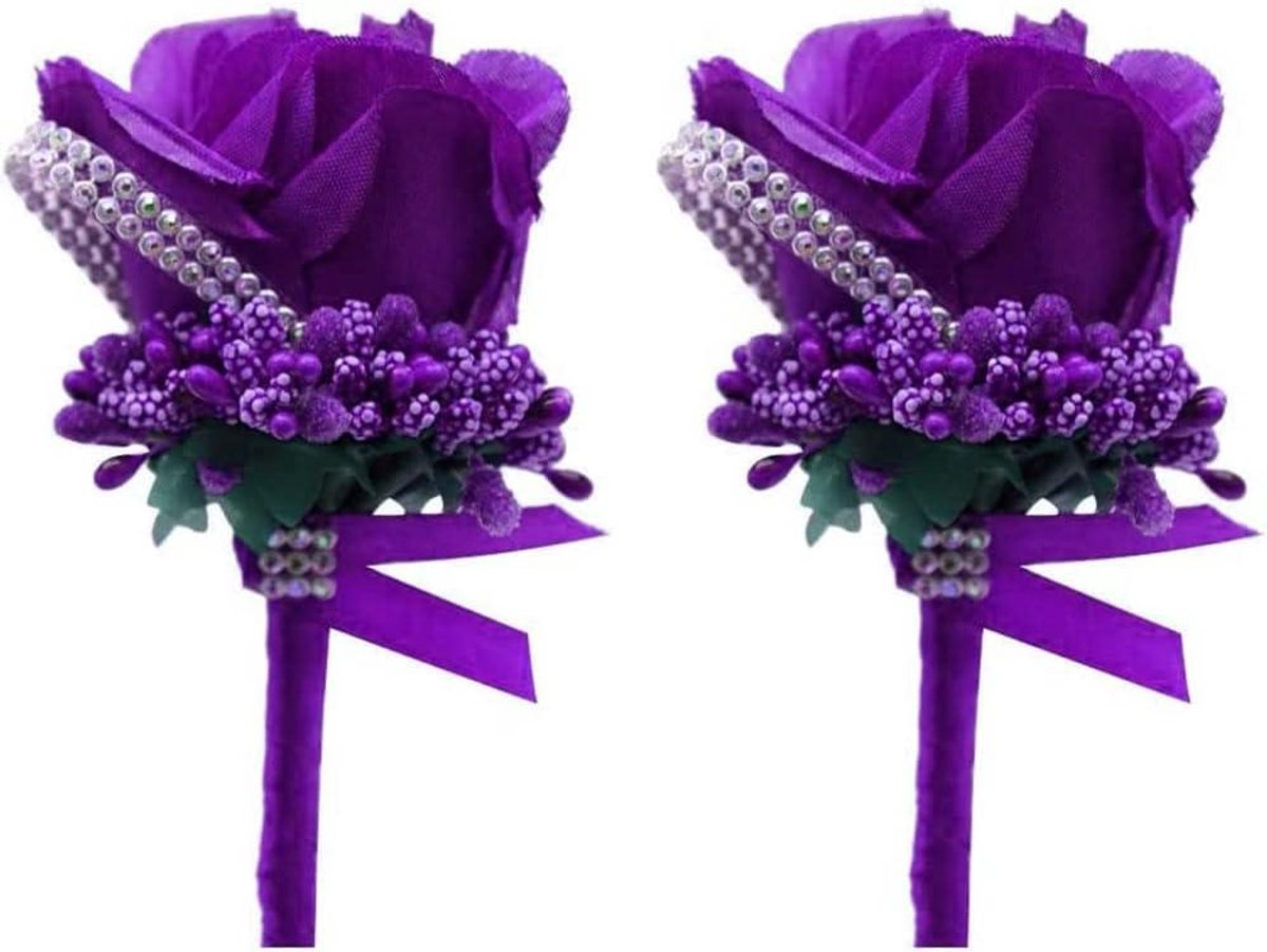 Kunstbloem Mannen Boutonniere - Zijde Corsage - Bruiloft Decoratie - Handgemaakte Kwaliteit - 2 stuks - Lichtpaars