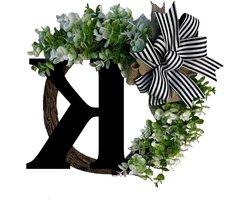 Straw Wreath 50cm Blank Unique Last Name All Year Round Home Door Wreath with Bowknot Welcome Sign Garland Creative 26 Letters Farm Wreath for Front Door Wreath (K, One Size)