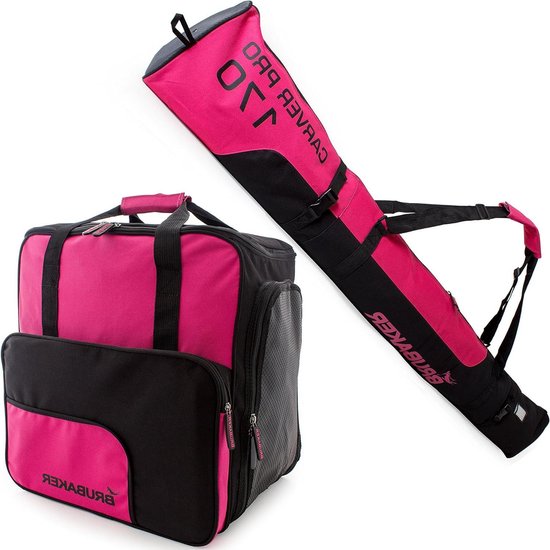Combi Set Ski Uitrusting - Skitassen Set - Wintersport Transport - Schuim Gevuld Ski Tas - 170 cm - Roze Zwart