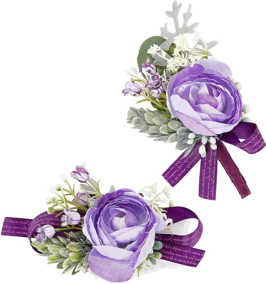 Polsbloem Boutonniere Set - Bruiloft Accessoires - Feestelijke Decoratie - Handgemaakt Kunstbloem - 2 Stuks - Paars