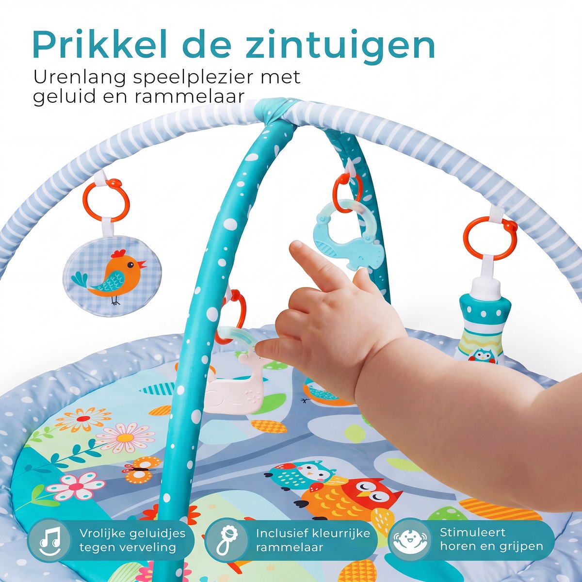 Babygym met boog - Speelmat - Baby speelgoed - Babyshower - Boxkleed - Speelkleed - Speelmat baby - 5 Speeltjes - Inclusief Rammelaar - Met speelboog - Blauw — afbeelding 6