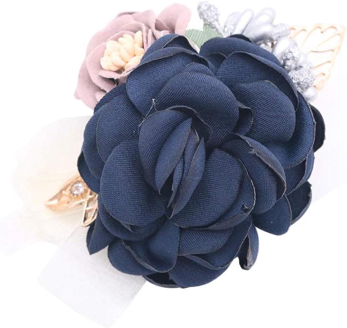 Bloem Corsage - Polsbloem Bruiloft - Feestelijke Decoratie - Handgemaakt Satijn - 10x8cm - Donkerblauw