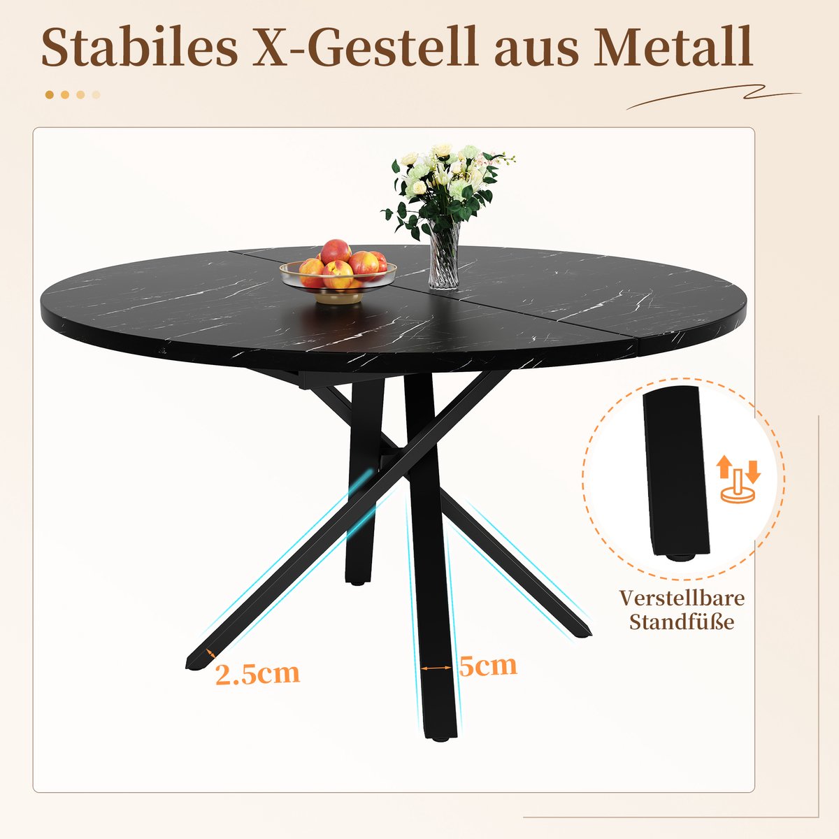 5-delige Eettafelset met Ronde Uitschuifbare Tafel (100-140 cm) en 4 Beige Velours Stoelen - Eetkamer Set - Moderne Eettafel voor 4-6 Personen met Praktische Uitschuiffunctie – foto 5