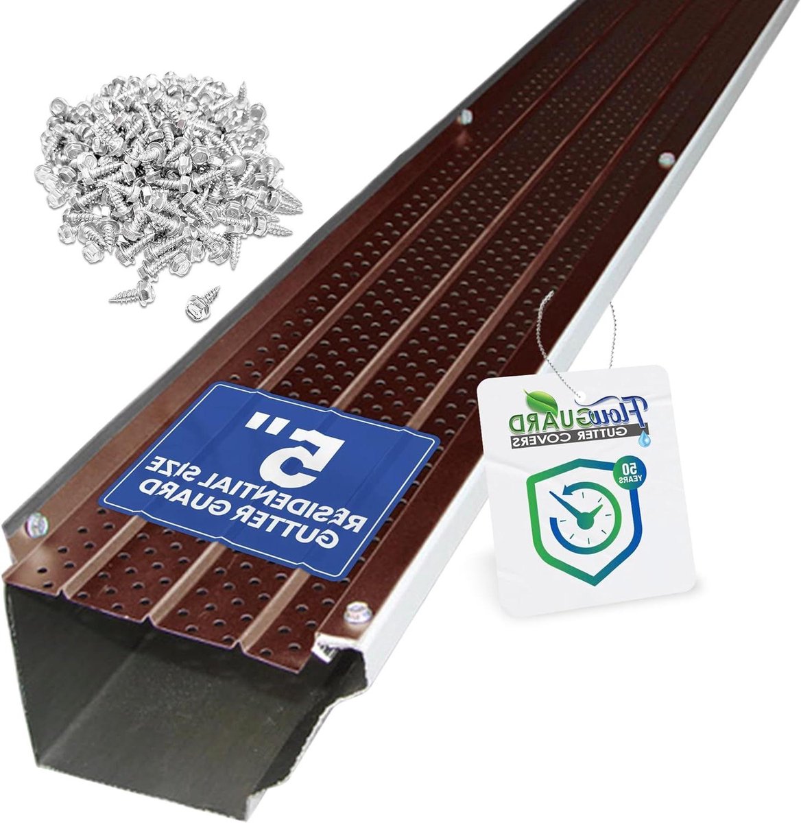 FlowGuard Premium 50 jaar dakgoot afdeksysteem - bruin - 5 inch aluminium dakgoot beschermers, 22 voet - door FlexxPoint, Made in USA
