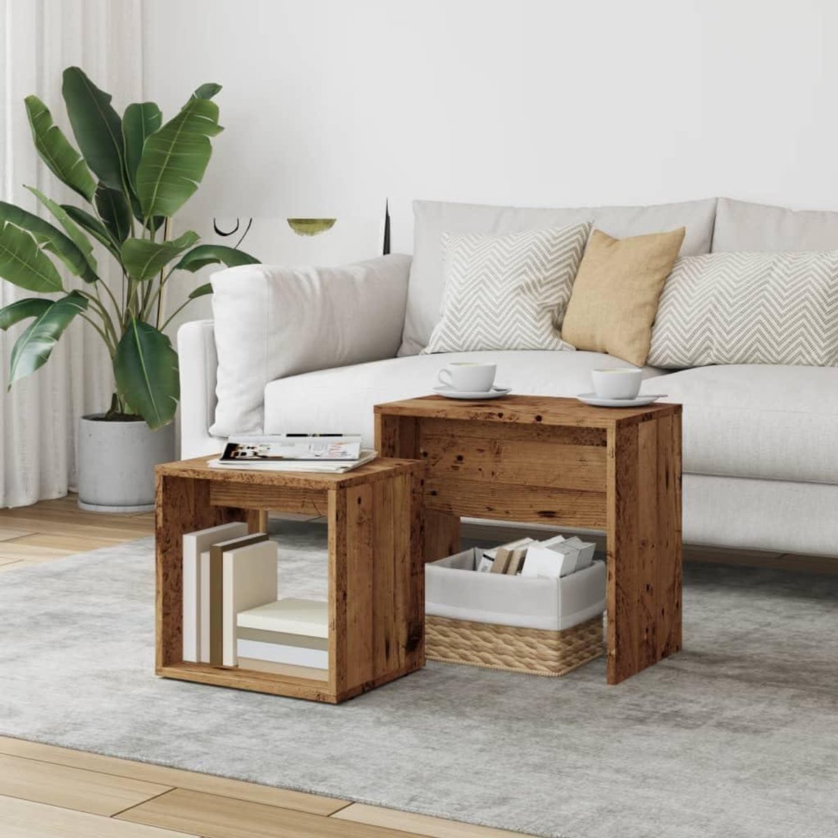 Tafels Set - Bijzettafels - Woonkamer Decoratie - Ruimtebesparend Nestontwerp - 48 x 30 x 45 cm - Oud Hout