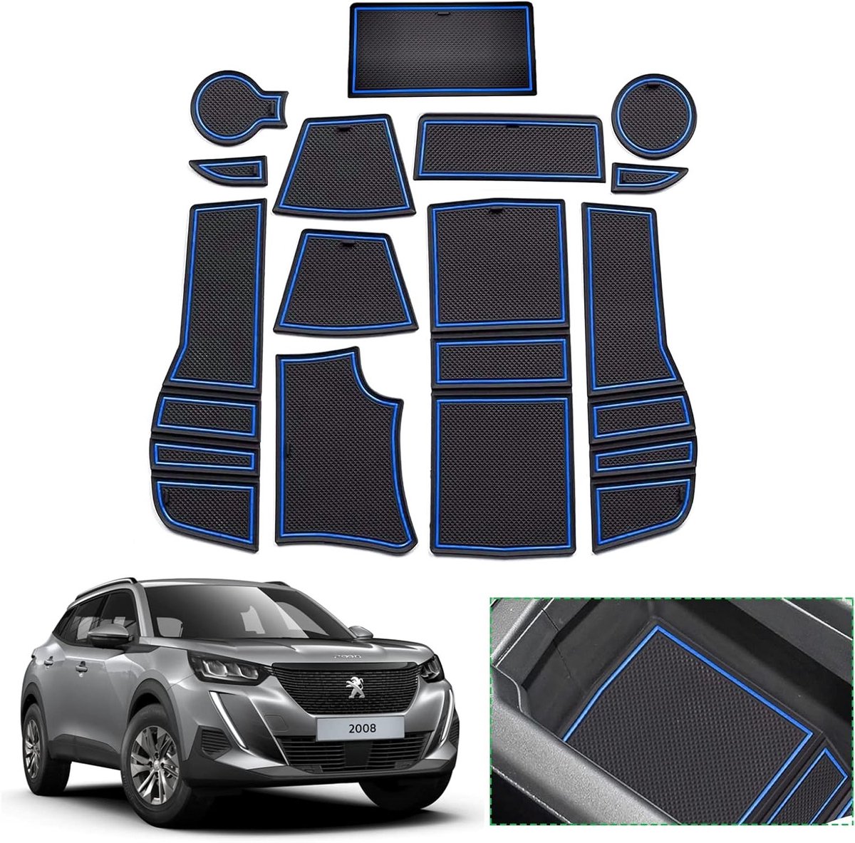 Anti-slip Mat voor Peugeot 2008 e-2008 Restyling 2020-2024 - Rubber Mat voor Armsteun, Middenconsole, Bekers en Deurgroeven - Accessoires voor Peugeot 2008 (Blauw)