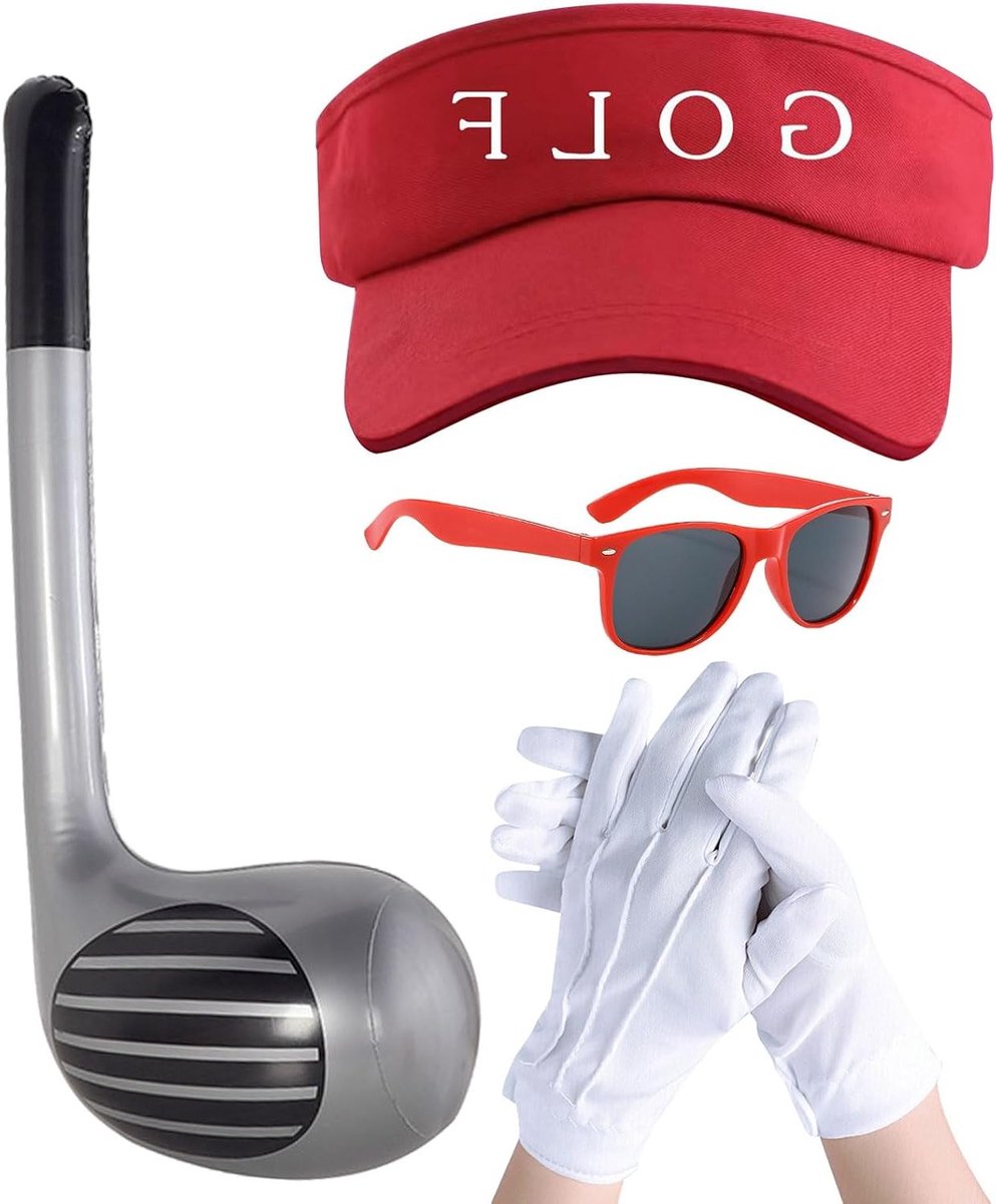 4 Pack Opblaasbaar Golf Kostuum voor Volwassenen met 76 cm Golfclub, Zonnehoed en Zonnebril voor Feest en Halloween voor Mannen, Vrouwen en Kinderen