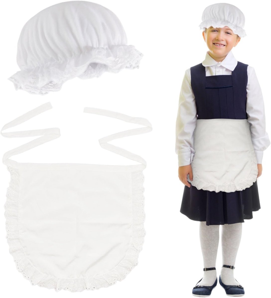 2 Stuks Meisjes Kostuum Accessoires voor Kinderen, Witte Hoed en Retro Halflange Schort, Perfect voor Wereldboekendag, Halloween en Feestjes