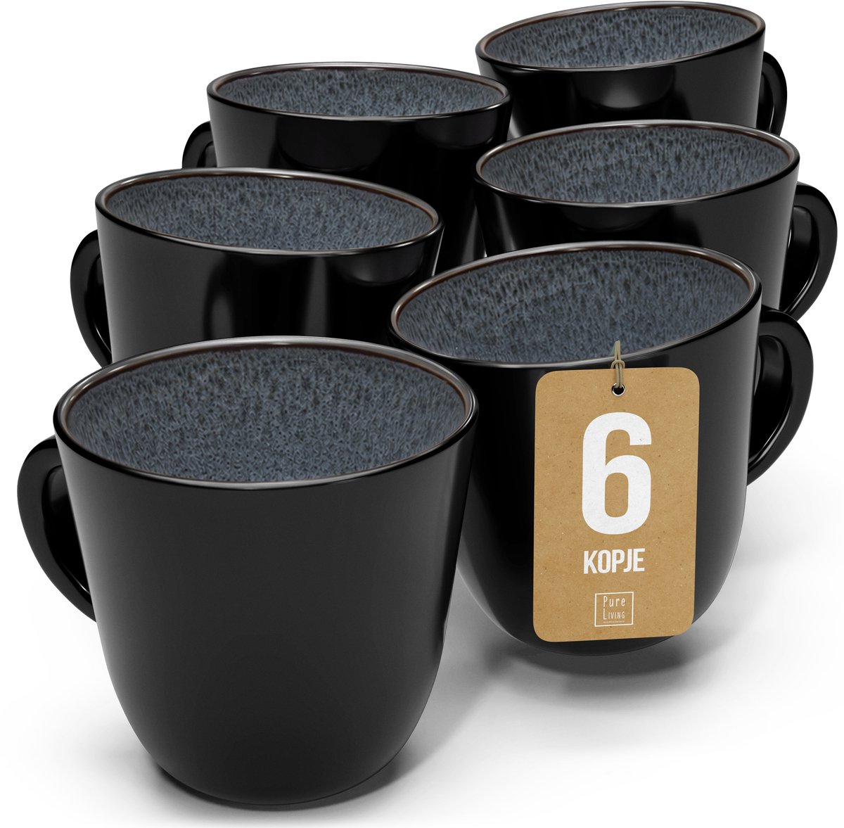 Pure Living Set Van 6 Koffiemokken - 460ml - Grijs - Aardewerk - Vaatwasserbestendig - Magnetronbestendig - Ibiza Dark