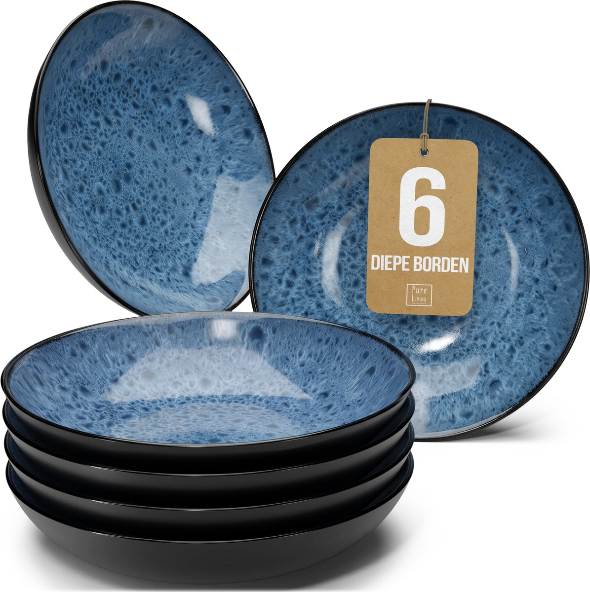 Pure Living Set Van 6 Diepe Borden - Ø 20 cm - Diepblauw - Aardewerk - Vaatwasserbestendig - Magnetronbestendig - Ibiza Dark