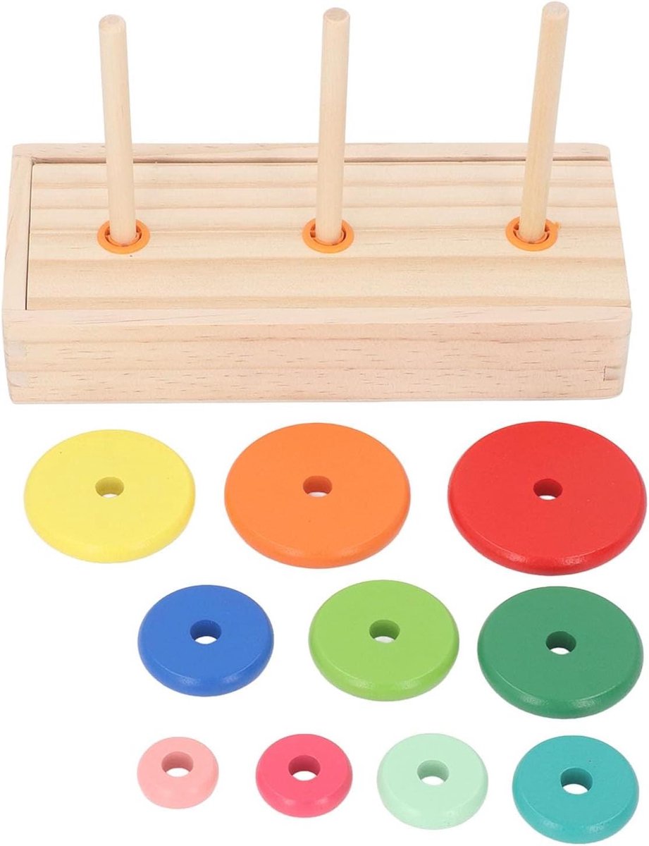 Houten Puzzelspel - Ringenspel Toren - Cognitieve Ontwikkeling - Tien Ringen - 23 cm - Houtkleur