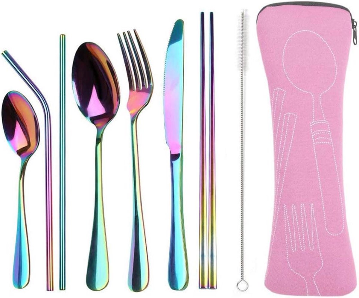 Eetstokjes Set - Bestekset - Thuis Dineren - Mat Geplateerd Staal - 8 Delig - Rainbow
