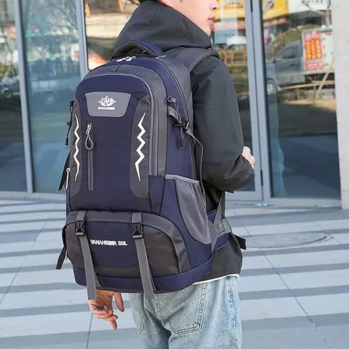 FloraGrace Backpacks - Trekkingrugzak Zwart - Outdoor Rugzak Groot Formaat - Grote Rugzak 60L - Ergonomisch Rugpaneel - Multifunctionele Rugzak 60 Liter - Nylon - Donkerblauw