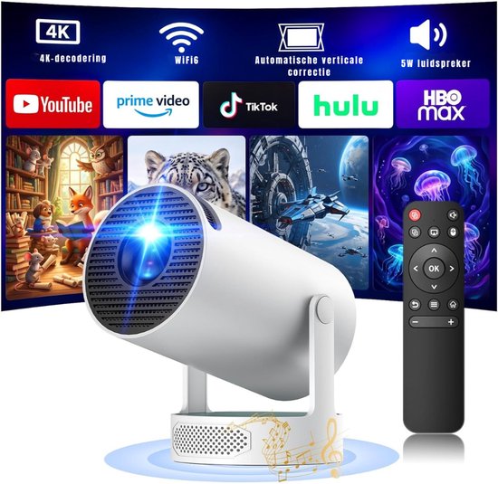 Mini beamer wit 4K en 1080p met korte projectieafstand, 220° draaibare lens en automatische trapeziumcorrectie