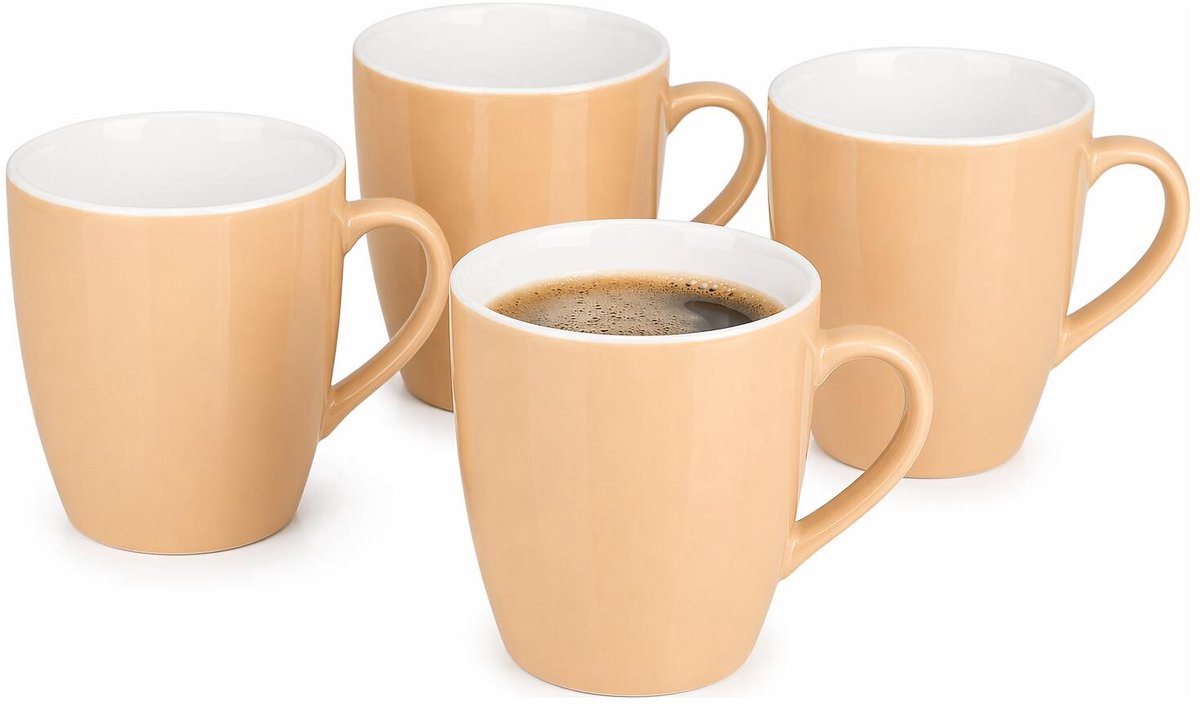 Vessia Design koffie mokken / bekers met oor - 4x stuks - beige - keramiek - 410 ml - servies - kopjes