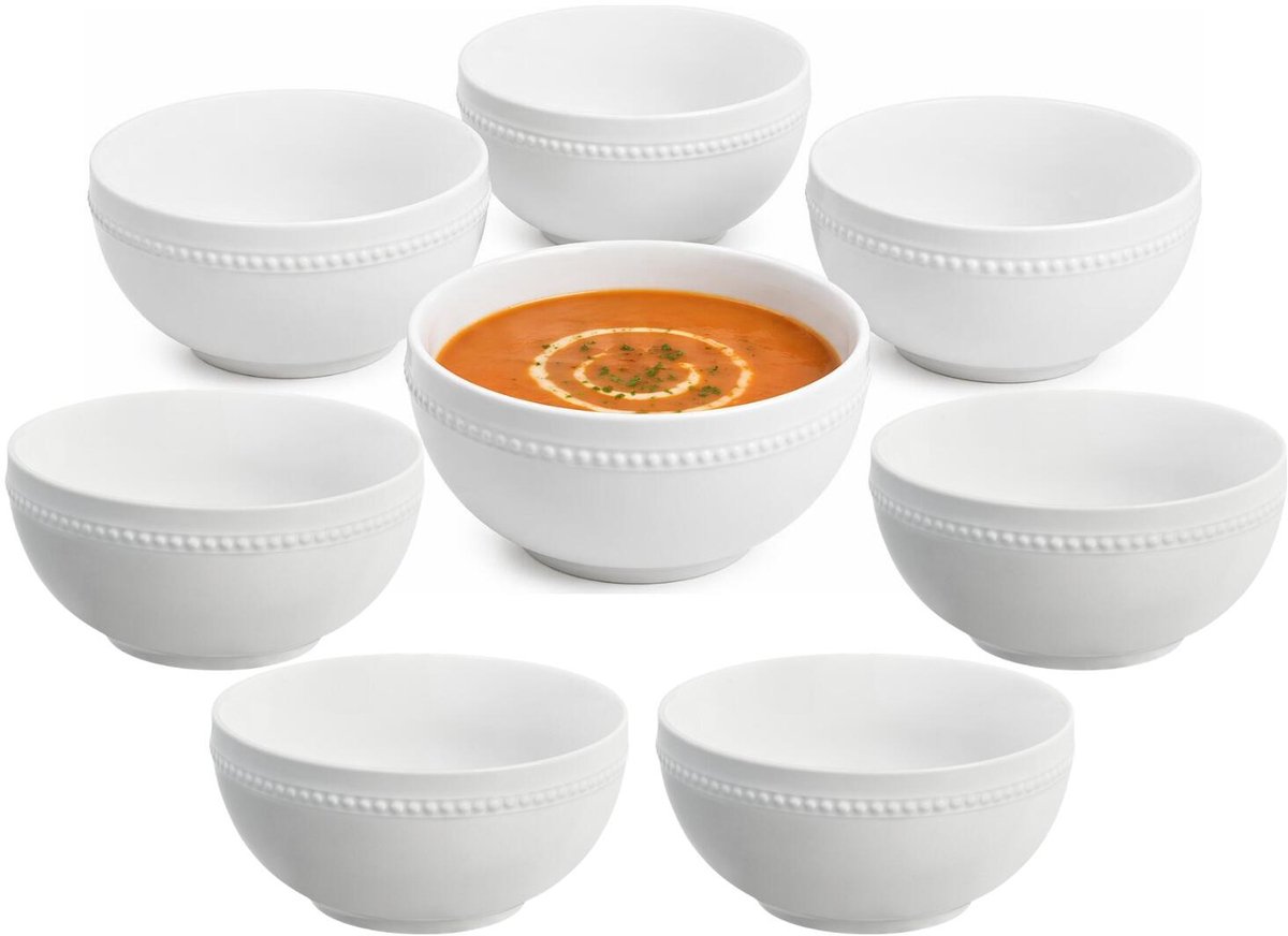Vessia Soepkommen Versailles - wit - 16x stuks - 15 x 8 cm - keramiek - kommetjes / schaaltjes - 600 ml - stapelbaar