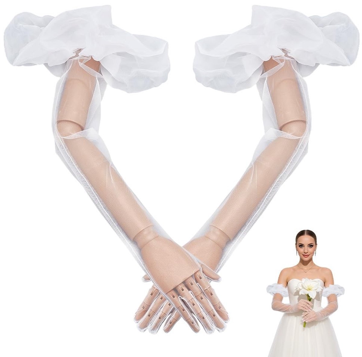 Virtubuy - Puff Mesh Tule Handschoenen - Bruiloft - Lange Kanten Handschoenen - Modeaccessoires - Uniseks - Danspace