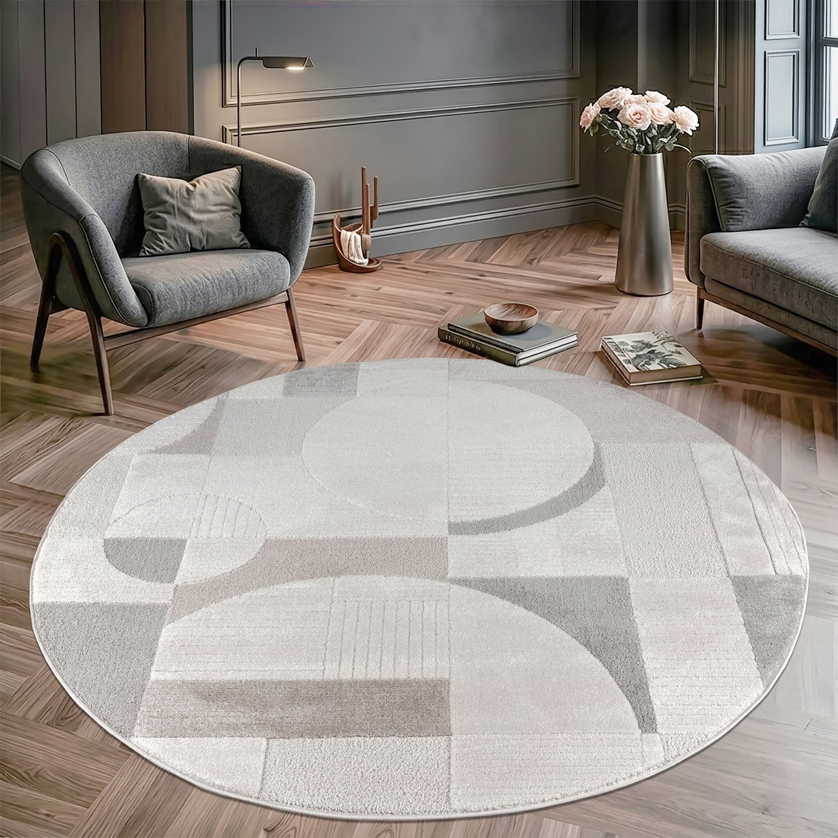 Muratap Vivant Japandi Abstract - Rond Vloerkleed Laagpolig - Creme Multi- 160 CM Ø