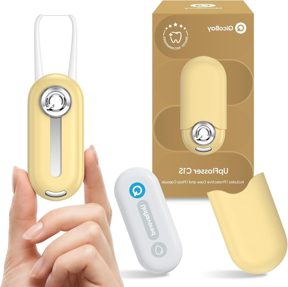 Draagbare Tandzijde - Mondverzorging - Hygiënisch Werken - Herbruikbare Capsule - 7.16 x 3.2 cm - Zandgeel