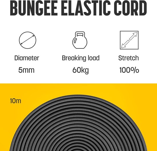Elastisch Touw - Spanband Koord - Vastbinden Zeil - UV- en Vochtbestendig - 5mm x 10m - Zwart — afbeelding 4