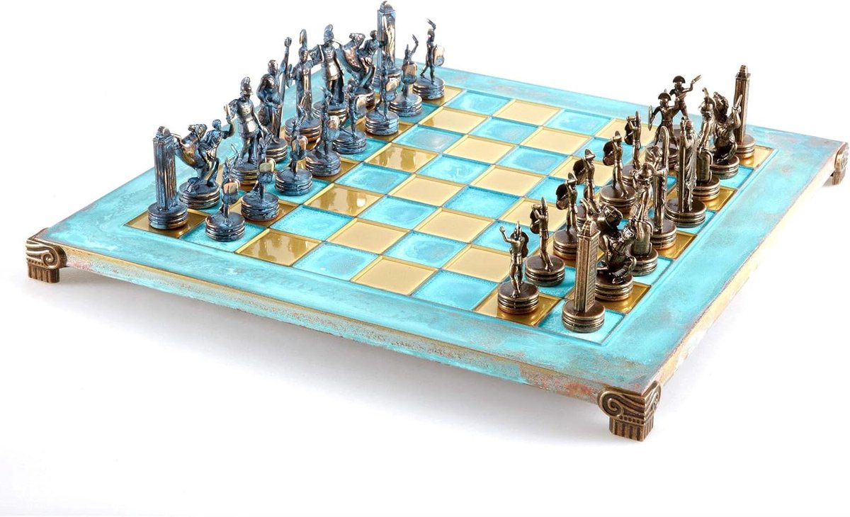 Griekse mythologie schaakset - blauw en koper met blauw geoxideerd bord