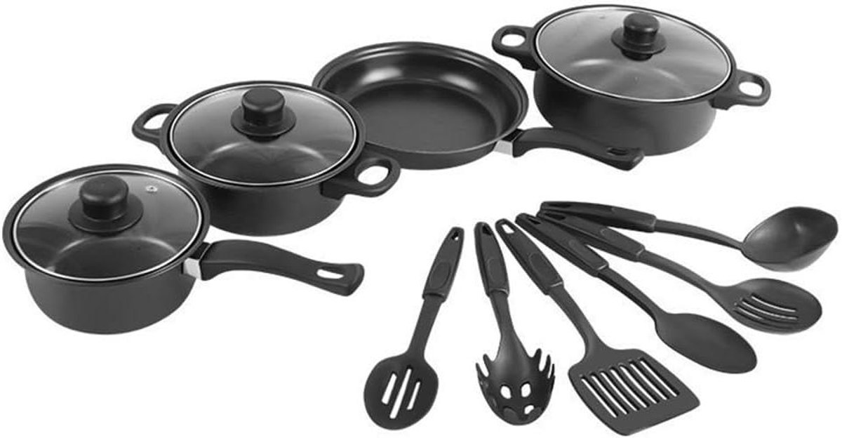 12 stks niet -stick kookgerei set kookpotten set met deksel voor alle kookplaat (zwart)
