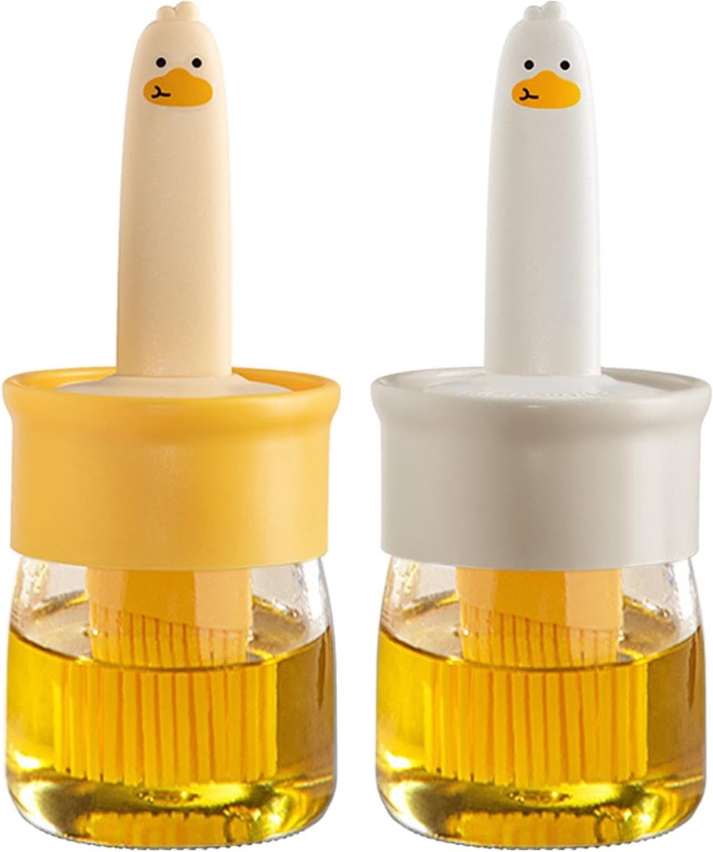 Oliekwast - Olie dispenser met kwast - Siliconen bakkwast - Olieflacon - Set van 2 - Glazen oliefles - 2-in-1 doseerfles - Voor BBQ, bakken en grillen - Keukenaccessoires - 7 x 7 x 17 cm