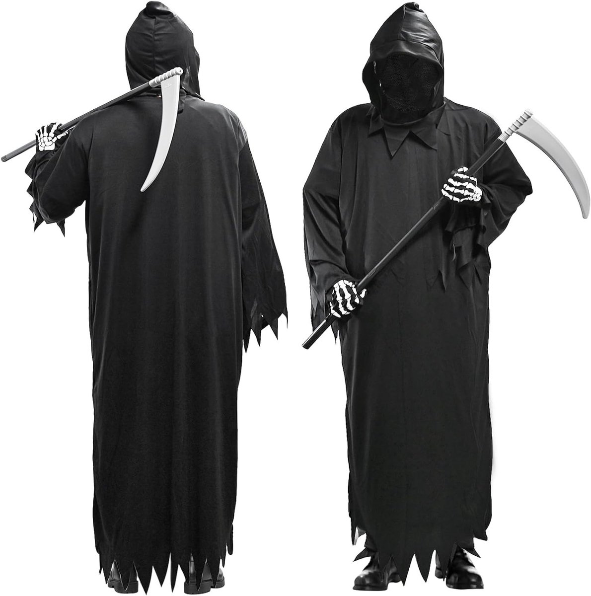 Halloween Grim Reaper Kostuum voor Mannen met Hoofdmasker, Sikkels en Handschoenen - Eng Kostuum voor Volwassenen en Feestjes